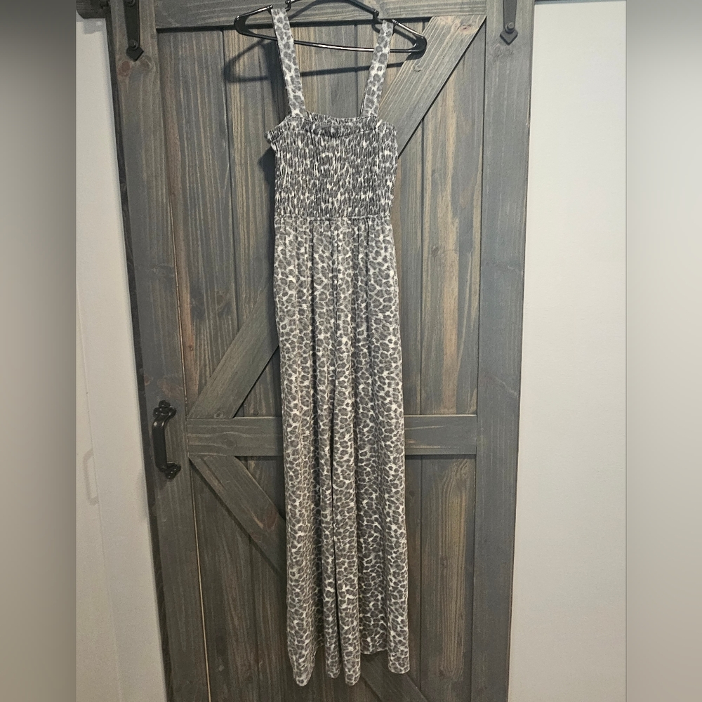 NWT, grey Leopard Smocked Jumpsuit